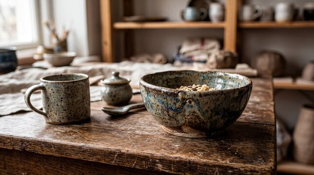 artisanal ceramics, a close-up view of a handcrafted ceramic bowl showcasing unique textures and glazes