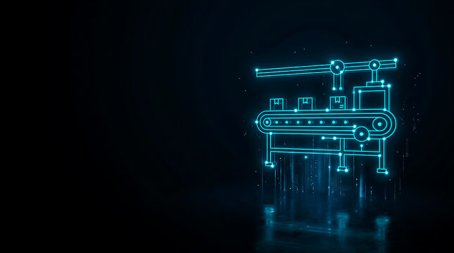 Illuminated 3D rendering of an automated conveyor system with robotic arms, showcasing futuristic industrial technology.