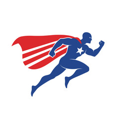 Obraz premium Stylized illustration of a muscular superhero figure with a star emblem, red and white striped cape in motion