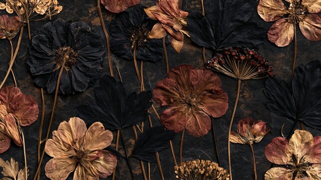 Dark dried flowers create a moody vintage botanical background.