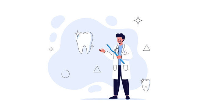 Dentist Character Illustrating Oral Hygiene with Toothbrush and Sparkling Tooth Icon, Minimalist Flat Design