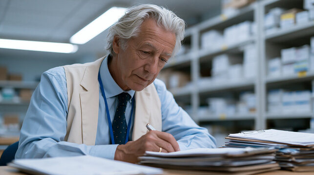 Forensic auditor in hospital supply room cross-referencing returned medical equipment serial numbers against procurement logs, fluorescent overhead lighting, clipboards stacked