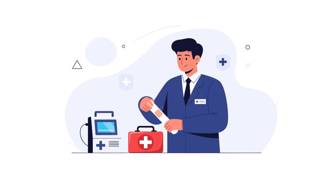 Doctor applying bandage to patient's arm with medical equipment and first aid kit in a modern flat design illustration.