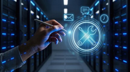 Fototapeta premium Digital technical support service and maintenance workflow automation concept with hand and tool icon in data center room
