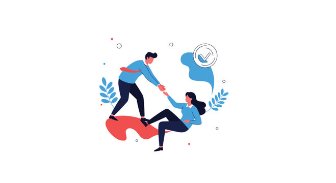 Helpful individual in a blue shirt reaches out to pull up a fallen colleague representing teamwork, support, and mutual aid in a challenging situation.