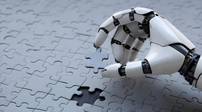 An artificial intelligence robot hand trying to solve a puzzle, concept is an artificial intelligence robot that tries to solve tasks or problems.