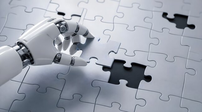 An artificial intelligence robot hand trying to solve a puzzle, concept is an artificial intelligence robot that tries to solve tasks or problems.