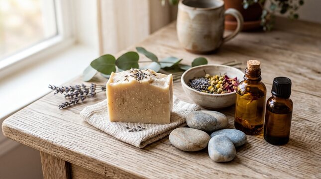 wellness essentials, a tranquil arrangement of natural soap, stones, and oils exuding warmth