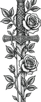 Detailed Sword and Roses Tattoo Vector Design