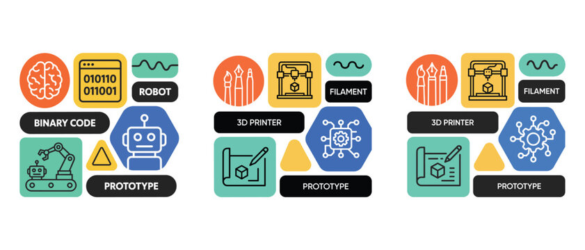 Technology icons showing 3D printing process, vector illustration