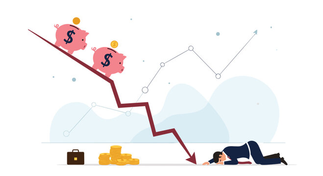 Business professional lying defeated at the end of a sharp downward red arrow showing market crash and loss of savings in piggy banks.