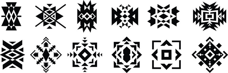 A striking collection of twelve black geometric vector elements showcasing intricate ethnic tribal shapes and symmetrical Aztec folk art motifs. © Vivid Pixel Studio.