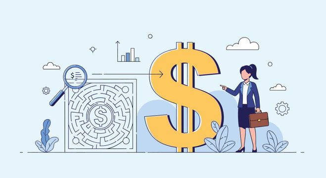 Businesswoman looking at a giant dollar sign next to a complex maze representing the challenges of financial success and wealth.