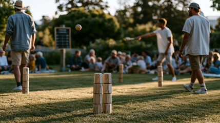 Obraz premium Kubb tournament competitors at a midsummer festival throwing kubbs with strategic arcing trajectories across a lawn, families picnicking at the borders of the pitch, a scoreboard