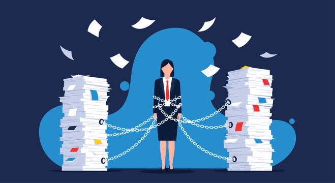 Overworked businesswoman feels trapped and constrained by heavy bureaucracy while being chained between two massive stacks of office paperwork.