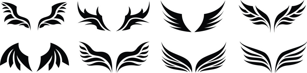 A striking vector bundle of eight black wing silhouettes highlighting aggressive tribal elements and detailed gothic fantasy design shapes. © Vivid Pixel Studio.
