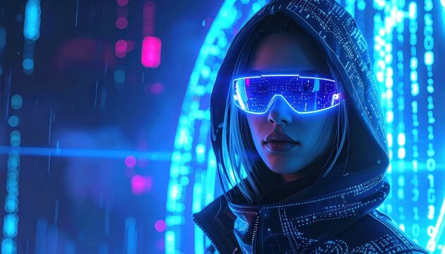 Person wearing futuristic neon glasses.