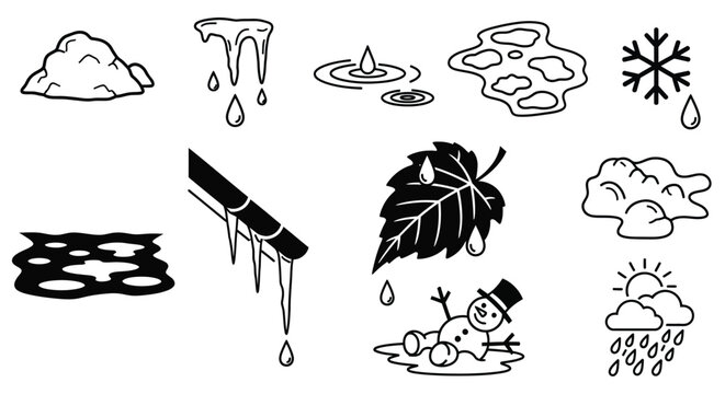 Set of black weather icons depicting melting ice snow puddles dripping icicles winter ending signs and spring rainfall signs for seasonal climate design.