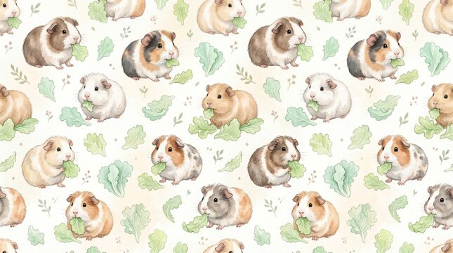 Seamless Watercolor Pattern of Cute Guinea Pigs Eating Lettuce