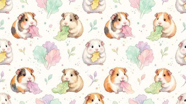 Watercolor Seamless Pattern of Cute Guinea Pigs Eating Lettuce