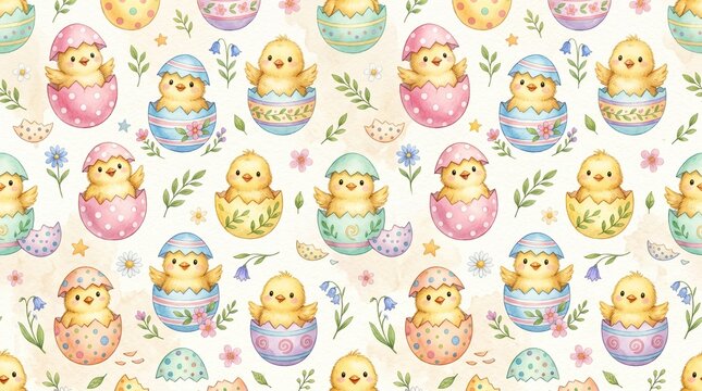 Watercolor Easter Pattern with Cute Baby Chicks and Eggs