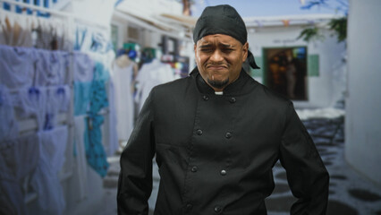 Naklejka premium Hispanic man chef in black uniform grimaces, face scrunched while standing in a narrow street lined with laundry; discomfort resilience.