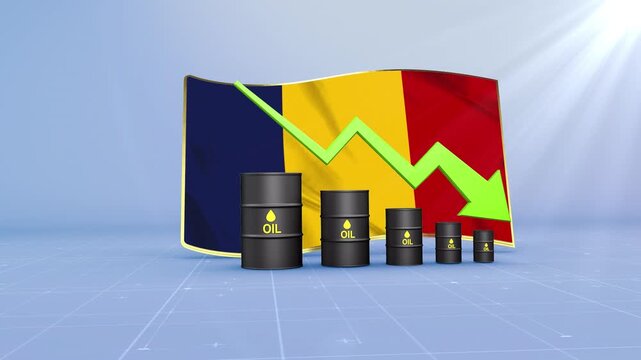 Chad Crude Oil Price Drop with Oil Barrels Downward Green Arrow and 3D Financial Data Visualization Graphs for Economy and Business Concept