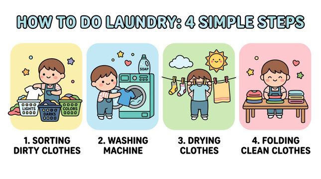 A charming vector illustration detailing the four essential steps of doing laundry, from sorting to folding clean clothes.