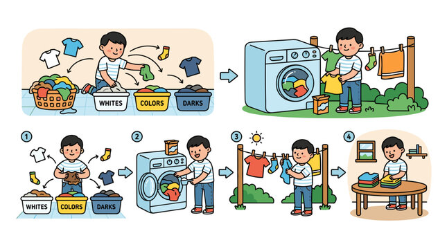 cartoon vector illustration of a boy sorting laundry and hanging clothes to dry outdoors