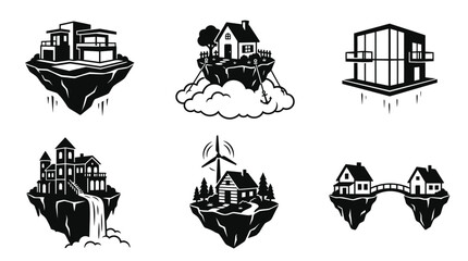Obraz premium Floating Island Houses: Modern, Rural, Eco, Futuristic Architecture Icons