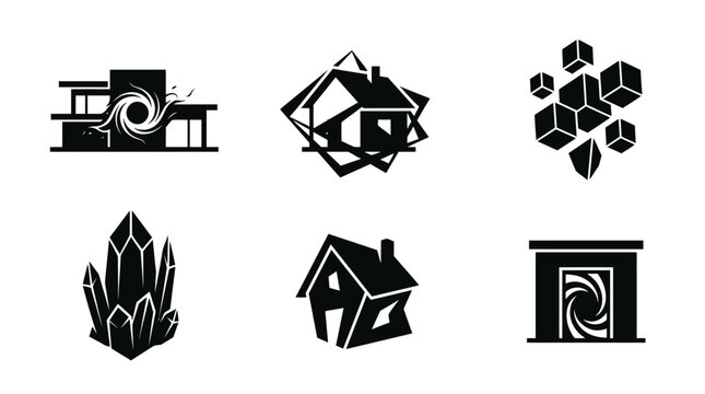Abstract Geometric Icons: House, Crystals, Cubes, Portal