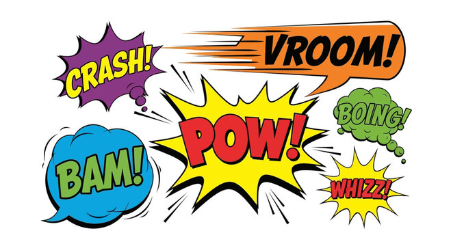 Colorful comic book speech bubbles featuring dynamic sound effects in a vibrant vector graphic art style