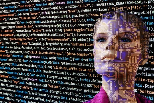 Artificial Intelligence Programming Concept with Humanoid Robot and Computer Source Code