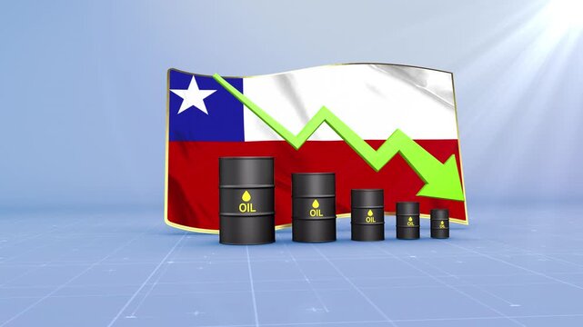 Chile Crude Oil Price Drop with Oil Barrels Downward Green Arrow and 3D Financial Data Visualization Graphs for Economy and Business Concept