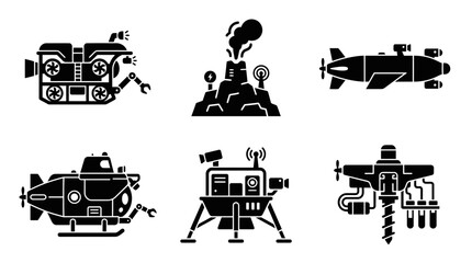 Steampunk Machines Icons: Submarines, Lander, Factory, Drill © yoyok