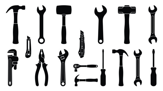Collection Of Black Silhouette Tools Against A White Background