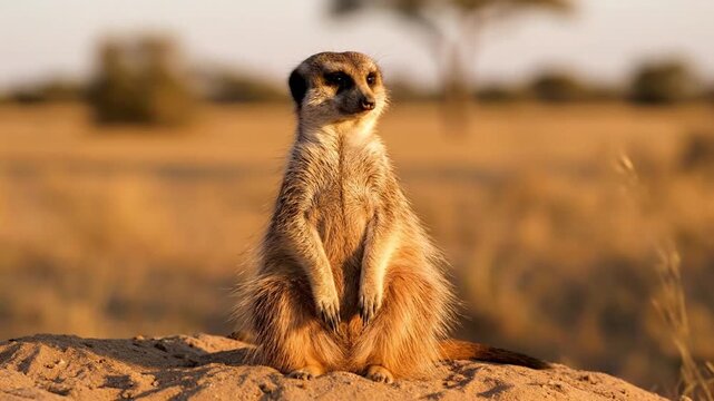 A close-up wildlife shot of a meerkat sitting upright on sandy terrain in a sunlit savanna environment, attentively observing its surroundings with a softly blurred natural background.