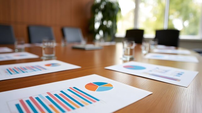 A bright boardroom table displaying detailed charts and graphs emphasizes a balanced professional environment for strategic discussions