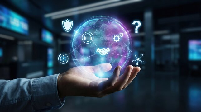 Digital technical support service and maintenance automation workflow concept with glowing globe and icons above hand in dark room