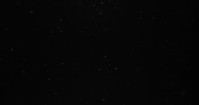 Close-up of dust particles swirling on a black background. Subtle light glints off the tiny specks, making them shimmer like stars in space. Video in loop.