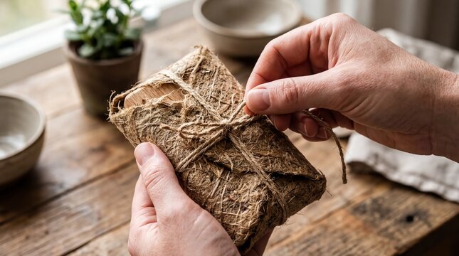 sustainable packaging techniques, a persons hands gently unwrap biodegradable packaging, revealing an eco-friendly product