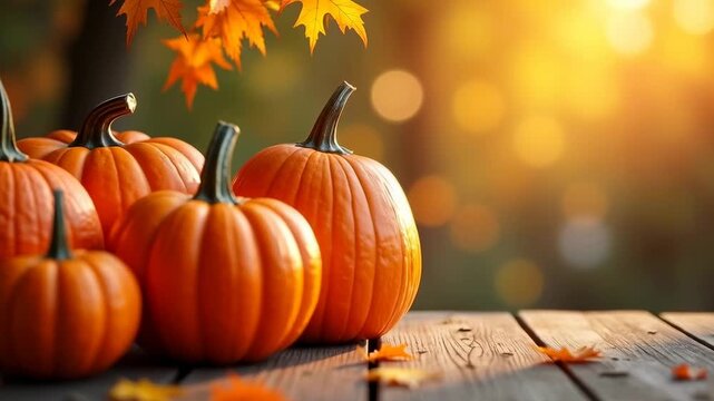 Group of vibrant orange pumpkins arranged on a wooden table with autumn leaves, illuminated by warm sunlight in a serene outdoor setting during fall season