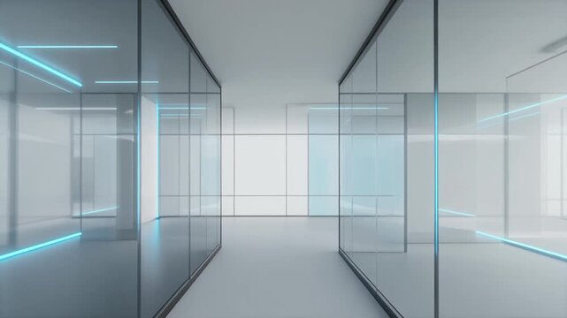 Minimal modern business office interior with glass panels and soft blue neon light reflections, 1080p motion background
