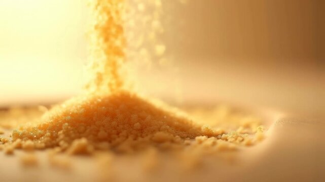 Granulated sugar pours from above, creating a mound on a smooth surface, with soft lighting enhancing the texture and color of the sugar granules