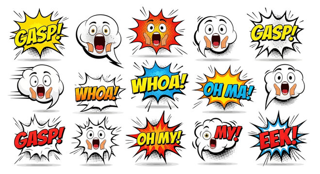 Colorful vector illustration set featuring expressive comic book speech bubbles with surprised facial character reactions included