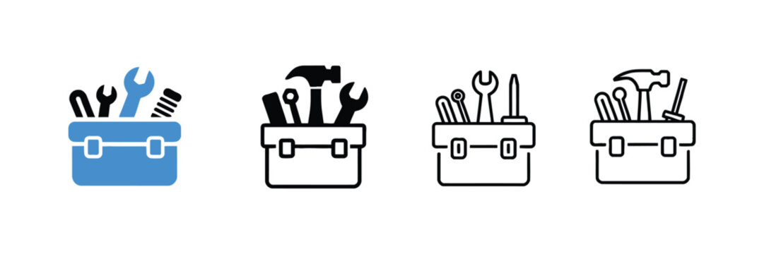 Handy Toolbox Icon Collection Featuring Tool Case and Repair Kit Symbols for Maintenance, Construction, and Service Concept Vector Illustration