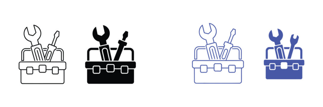 Handy Toolbox Icon Set Featuring Tool Case and Tool Kit Symbols for Repair, Maintenance, and Workshop Concept Vector Illustration