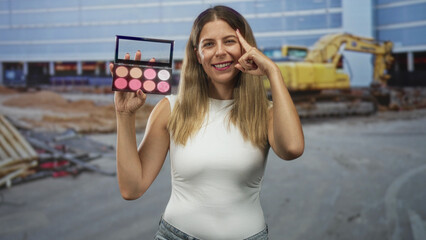 Fototapeta premium Woman holding a pink makeup palette and pointing finger to temple while smiling in front of a building construction site; confidence beauty tutorial.
