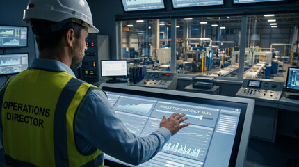 Fototapeta premium Industrial Engineer Monitoring Automated Production Facility Through Control Interface