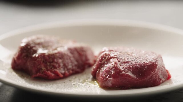 Two raw beef fillets on a white ceramic plate in close-up kitchen prep